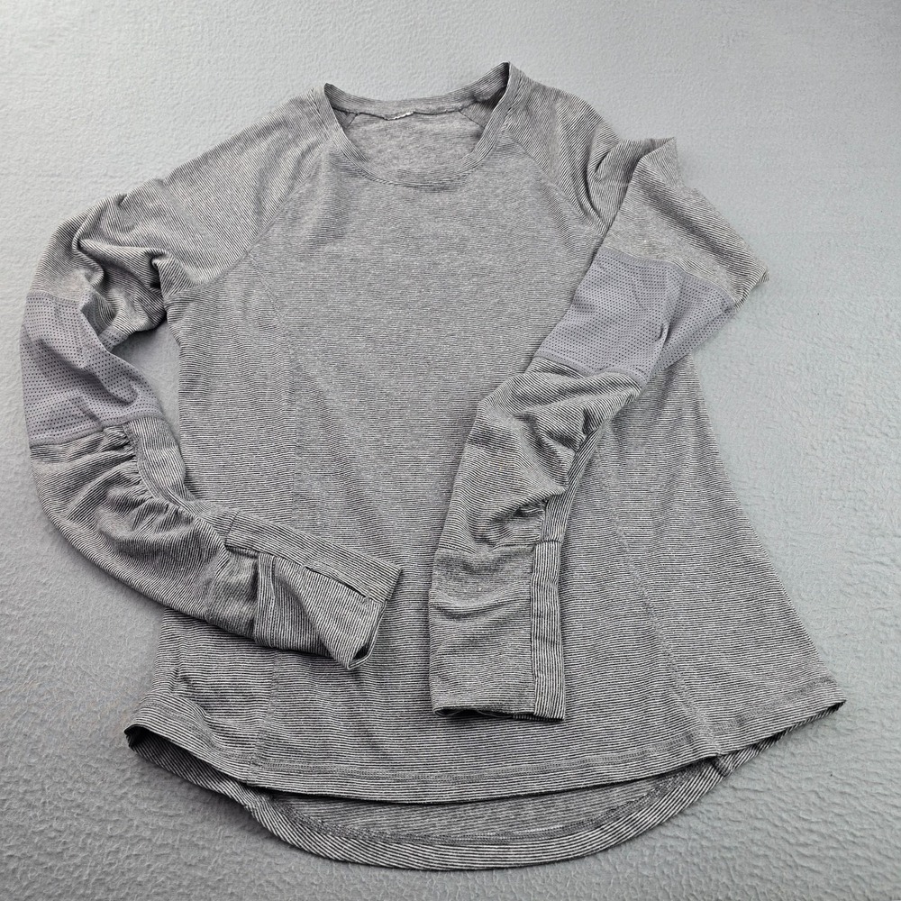 Womens Activewear Shirt Gray Striped Mesh Thumb Hole Sleeve Athletic Performance
